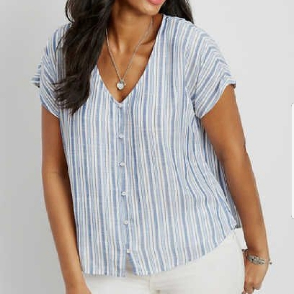 Maurices > Button-Down V-Neck Striped Top - image 1